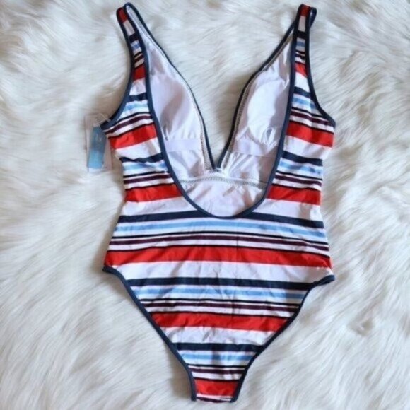 NWT Stripe Print One Piece Bathing Suit Size Large White Orange Blue Swimsuit - Picture 6 of 11